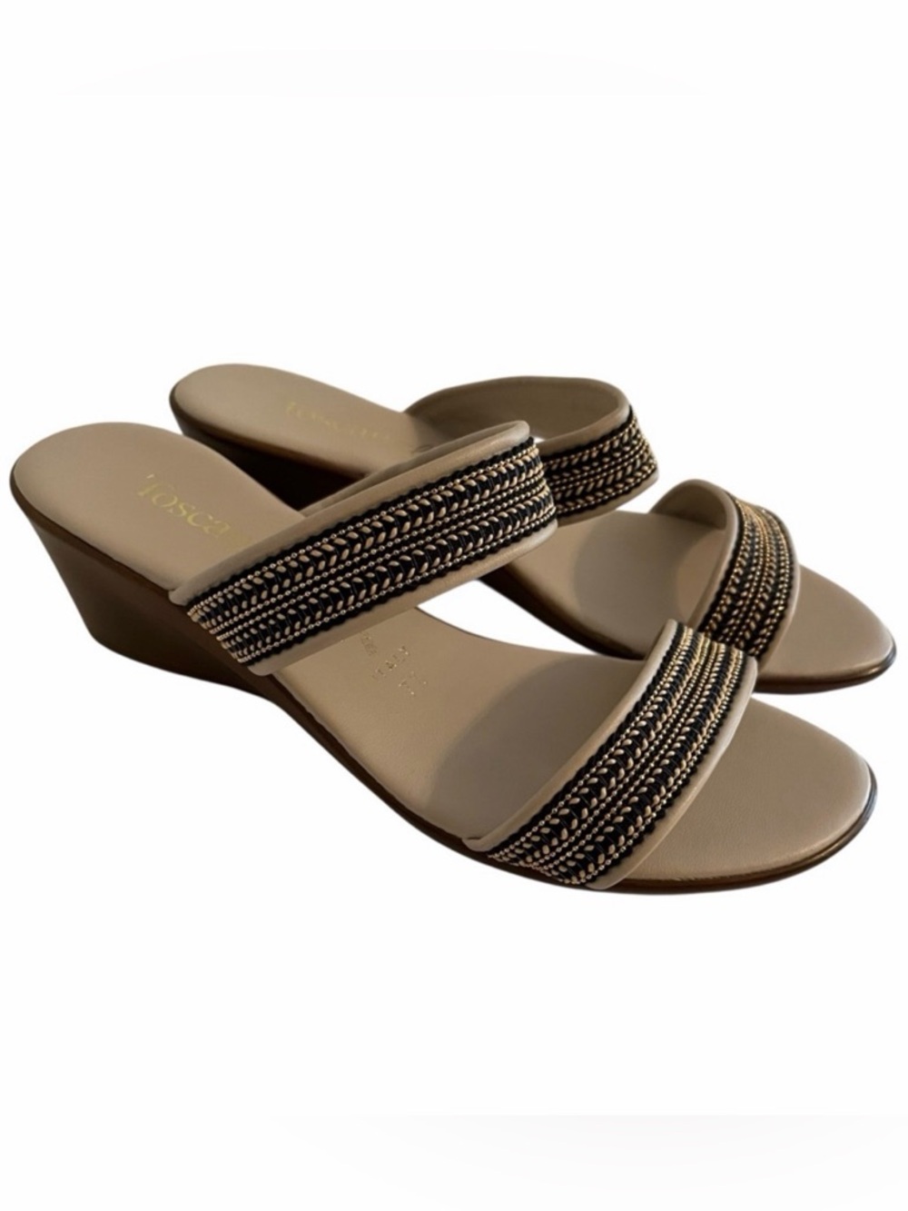 Toscanella "Mimma" Black and Tan Double Band Wedge Slide Sandals 7.5